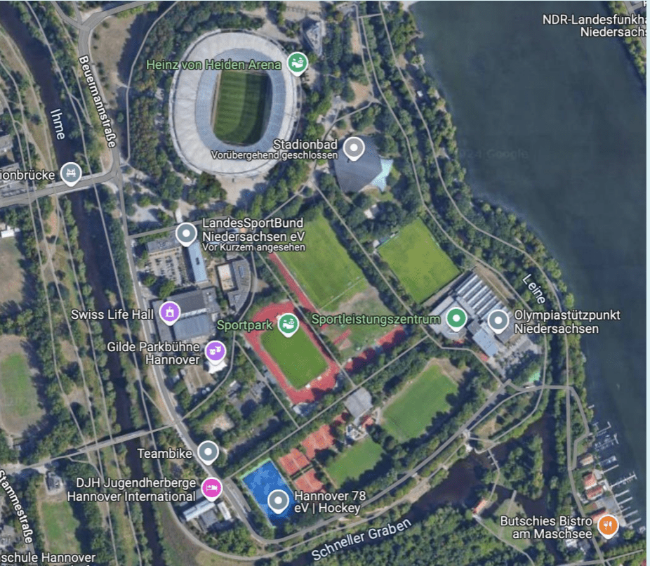 Karte von Hannover mit Sporteinrichtungen, dem Stadion und dem Fluss Leine in der Umgebung.