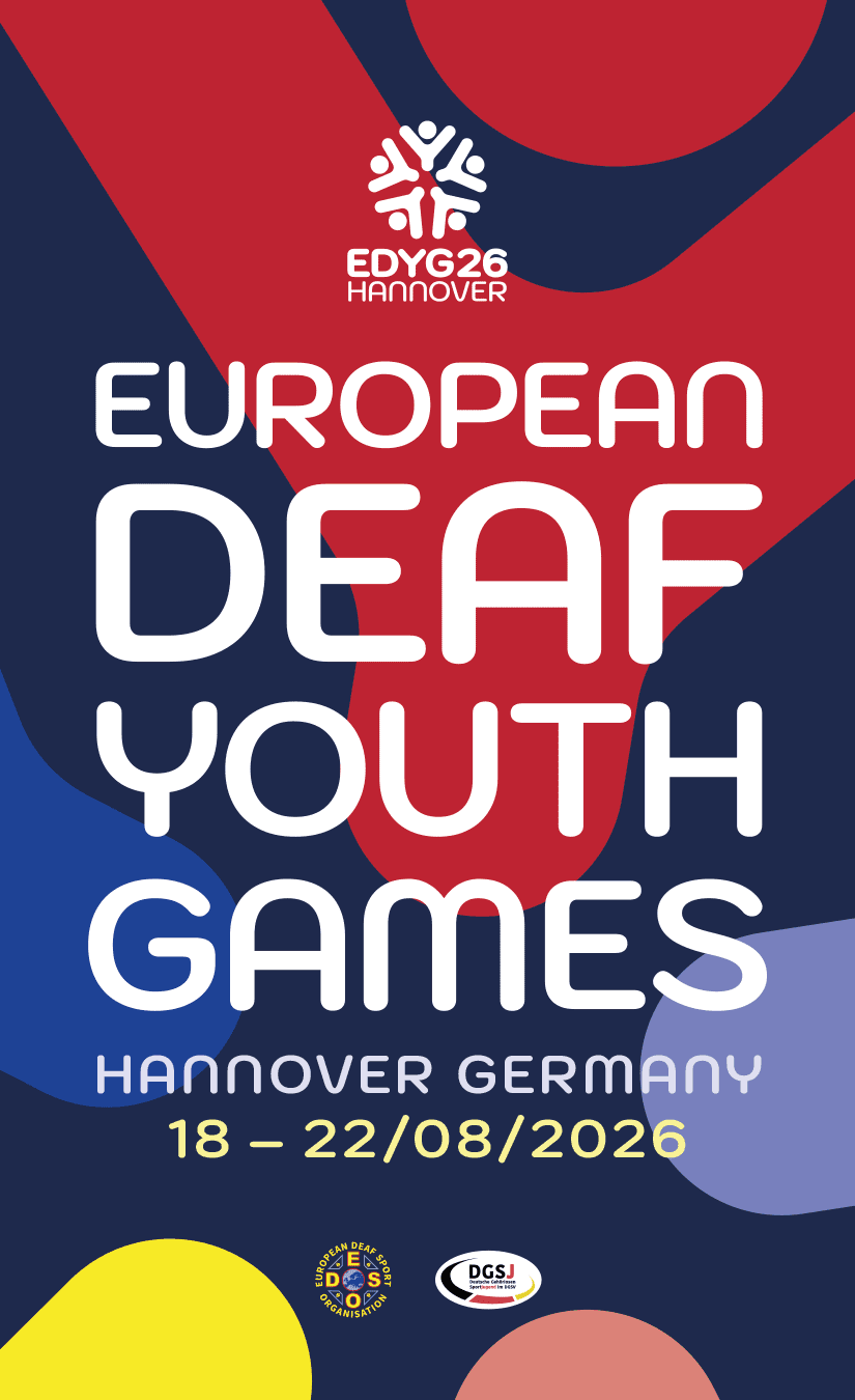 Plakat zu den European Deaf Youth Games 2026 in Hannover, mit Datum: 18-22 August und bunten geometrischen Formen.