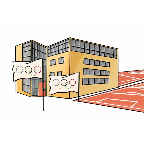 Illustration eines modernen Gebäudes mit Olympiageländeflaggen und einem roten Sportfeld im Vordergrund.