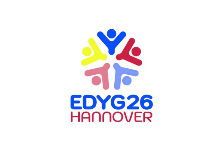 Logo mit bunten stilisierten Menschensilhouetten in einem Kreis, darunter der Text "EDYG26 HANNOVER".