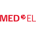 Logo von MED-EL in roter Schrift mit einer stilisierten, roten Spielscheibe als Teil des Designs.
