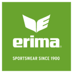 Logo der Marke Erima auf grünem Hintergrund mit dem Slogan „Sportswear since 1900“.